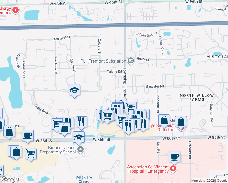 map of restaurants, bars, coffee shops, grocery stores, and more near 2546 North Willow Way in Indianapolis