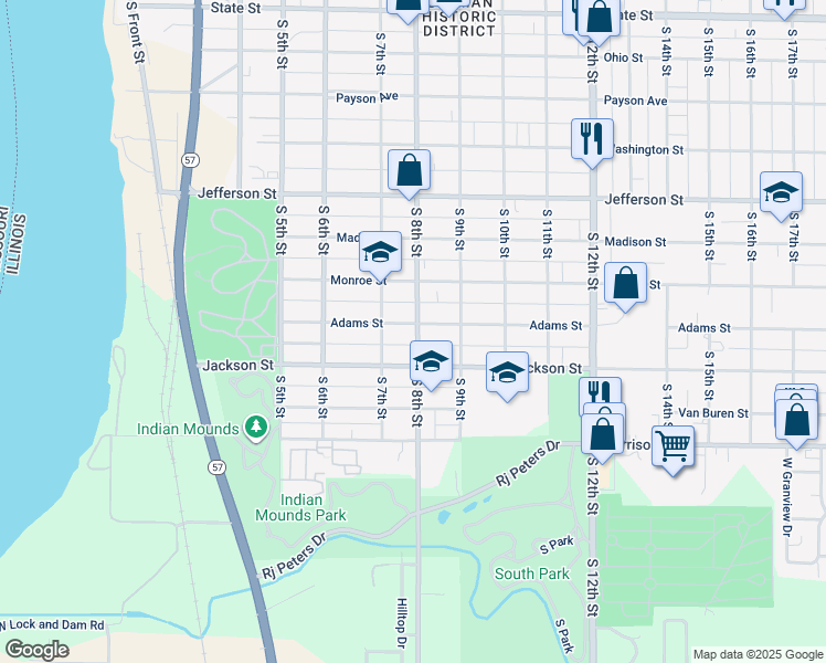 map of restaurants, bars, coffee shops, grocery stores, and more near 719 Jackson Street in Quincy