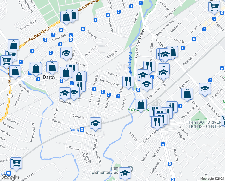 map of restaurants, bars, coffee shops, grocery stores, and more near 1 North 2nd Street in Darby