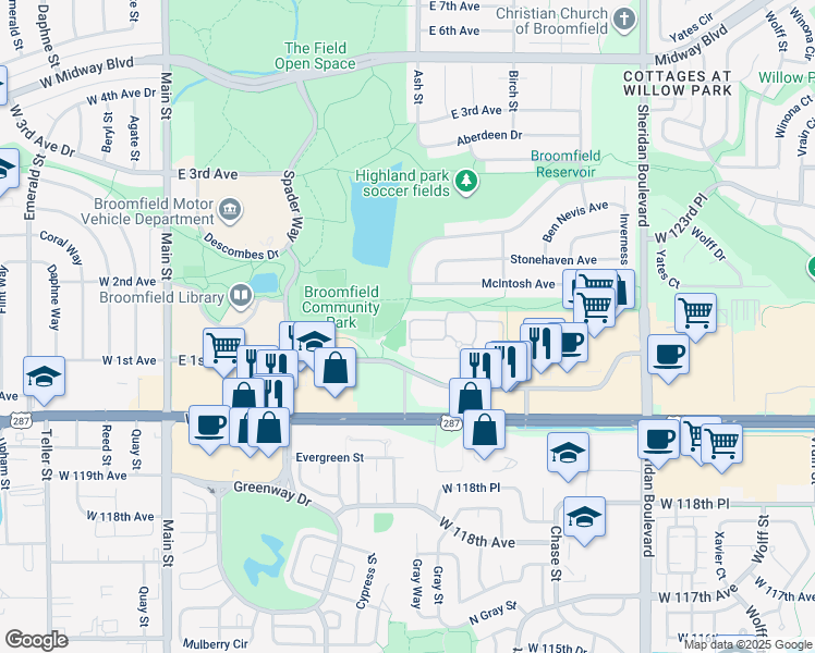 map of restaurants, bars, coffee shops, grocery stores, and more near 1001 East 1st Avenue in Broomfield