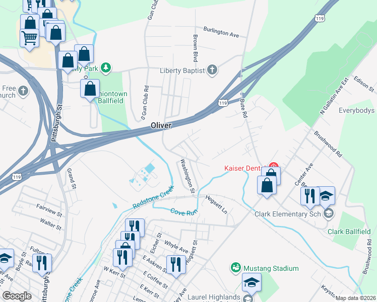 map of restaurants, bars, coffee shops, grocery stores, and more near 204 Washington Street in Oliver