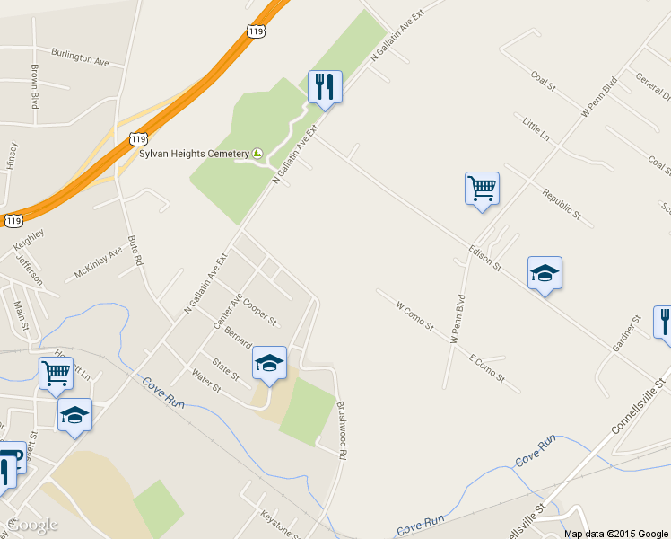 map of restaurants, bars, coffee shops, grocery stores, and more near 138 Brushwood Road in Uniontown