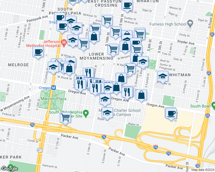 map of restaurants, bars, coffee shops, grocery stores, and more near 2601 South Percy Street in Philadelphia