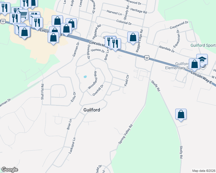 map of restaurants, bars, coffee shops, grocery stores, and more near 290 Briar Lane in Chambersburg