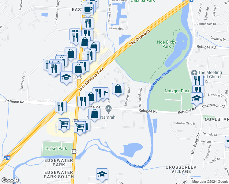 map of restaurants, bars, coffee shops, grocery stores, and more near 2851 Woolwich Court in Columbus