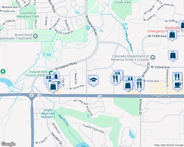 map of restaurants, bars, coffee shops, grocery stores, and more near 2346 Park Centre Drive in Westminster