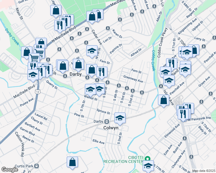 map of restaurants, bars, coffee shops, grocery stores, and more near 5 South 5th Street in Darby