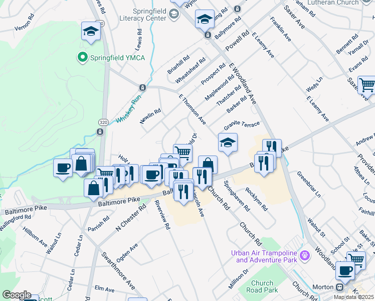 map of restaurants, bars, coffee shops, grocery stores, and more near 581 Sheffield Drive in Springfield