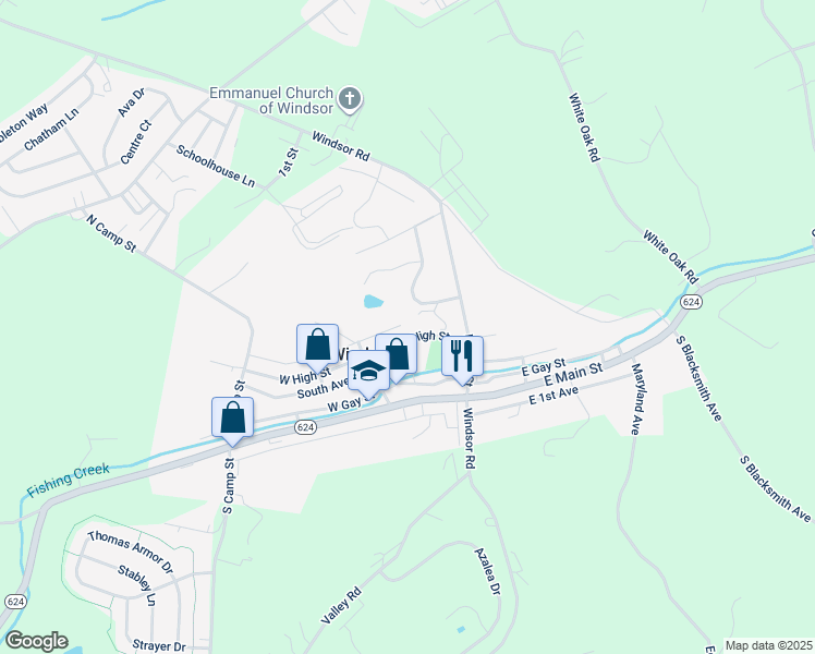 map of restaurants, bars, coffee shops, grocery stores, and more near 22 East High Street in Windsor