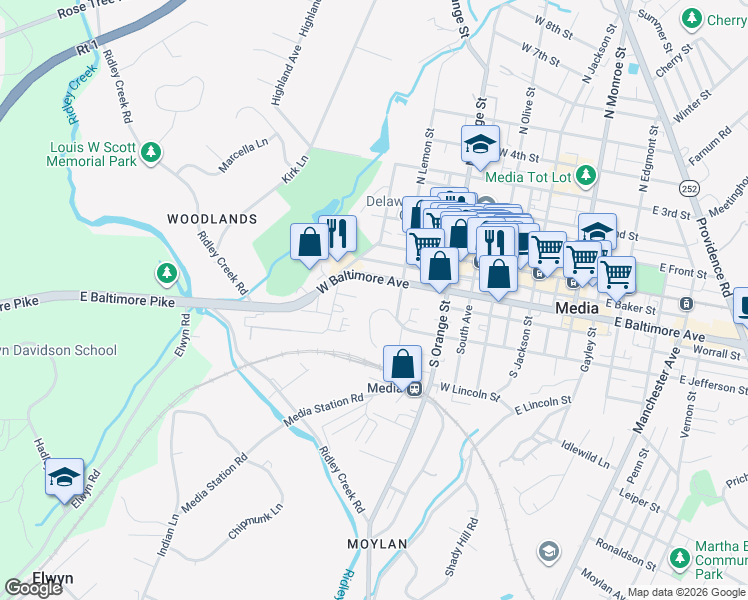 map of restaurants, bars, coffee shops, grocery stores, and more near 408 West Jefferson Street in Media