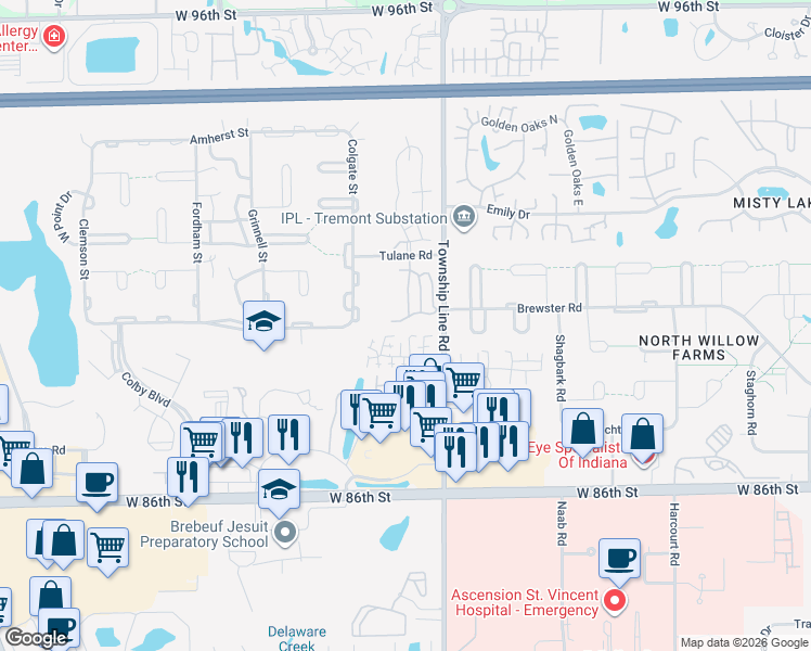 map of restaurants, bars, coffee shops, grocery stores, and more near 2546 North Willow Way in Indianapolis