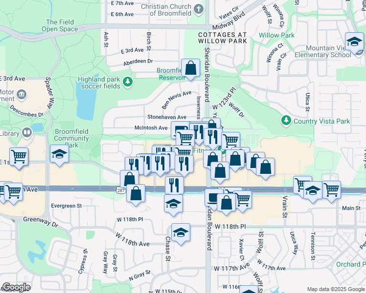 map of restaurants, bars, coffee shops, grocery stores, and more near 12167 Sheridan Blvd in Broomfield