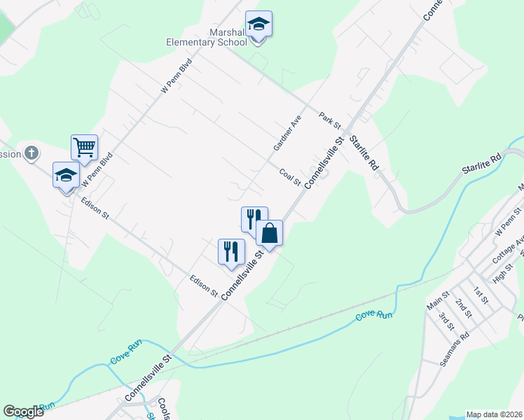 map of restaurants, bars, coffee shops, grocery stores, and more near 1249 Connellsville Rd in Lemont Furnace