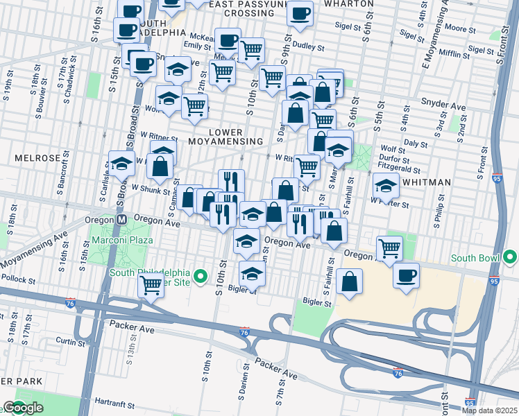 map of restaurants, bars, coffee shops, grocery stores, and more near 2600 South 9th Street in Philadelphia