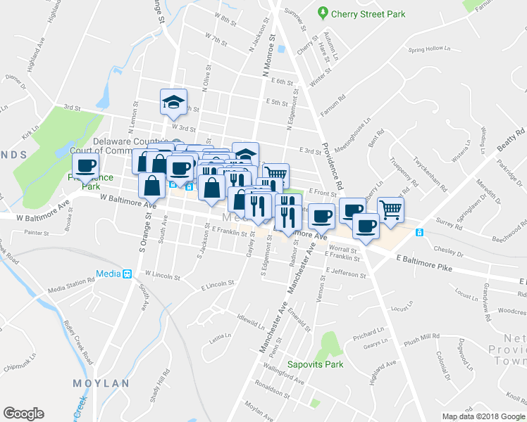 map of restaurants, bars, coffee shops, grocery stores, and more near 111 Gayley Street in Media