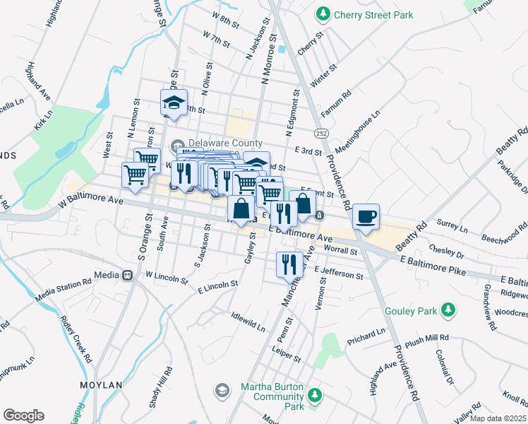 map of restaurants, bars, coffee shops, grocery stores, and more near 123 East Baker Street in Media