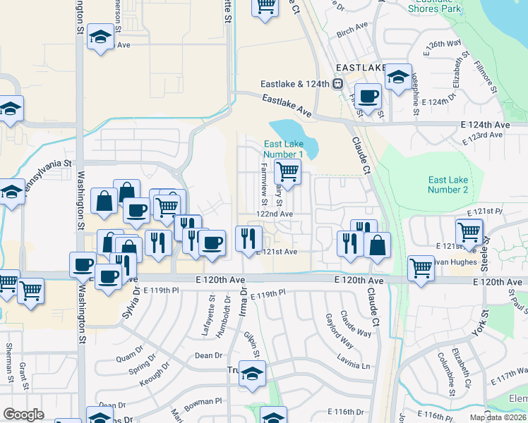 map of restaurants, bars, coffee shops, grocery stores, and more near 12015 Irma Drive in Northglenn