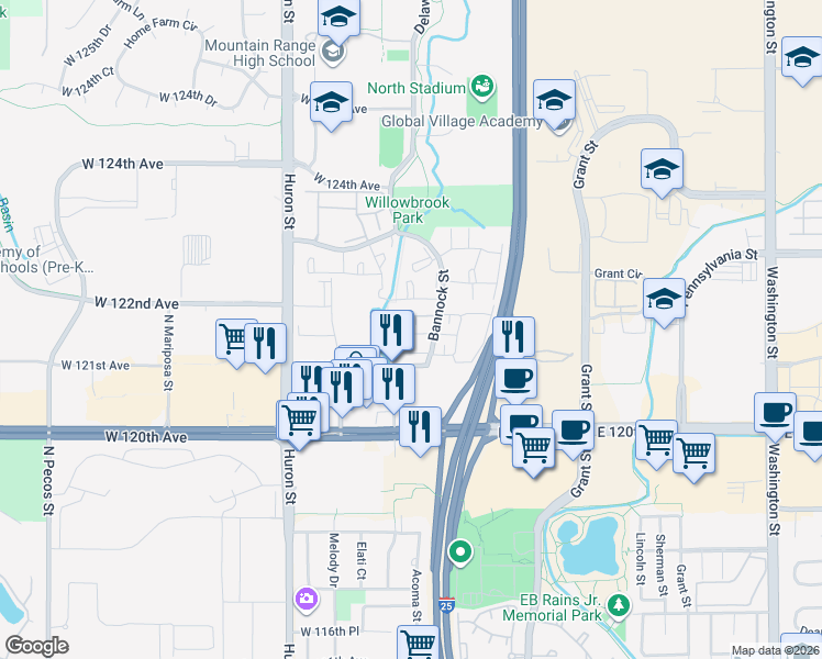 map of restaurants, bars, coffee shops, grocery stores, and more near 12125 Bannock Street in Westminster