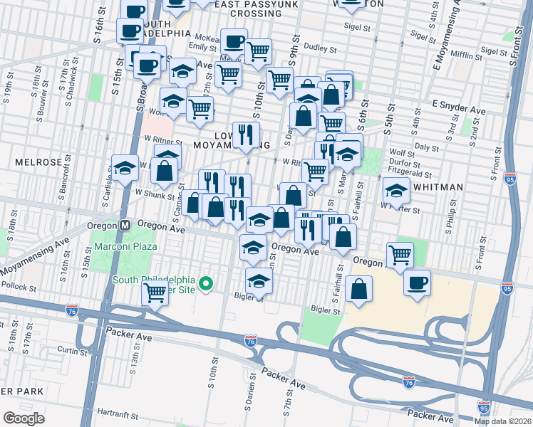 map of restaurants, bars, coffee shops, grocery stores, and more near S 9th St & W Shunk St in Philadelphia