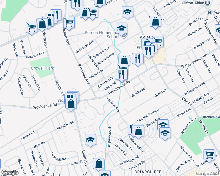 map of restaurants, bars, coffee shops, grocery stores, and more near 1016 Lamb Road in Delaware County