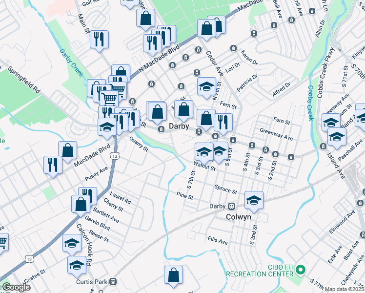map of restaurants, bars, coffee shops, grocery stores, and more near 707 Walnut Street in Darby