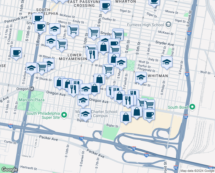 map of restaurants, bars, coffee shops, grocery stores, and more near 2541 South Beulah Street in Philadelphia