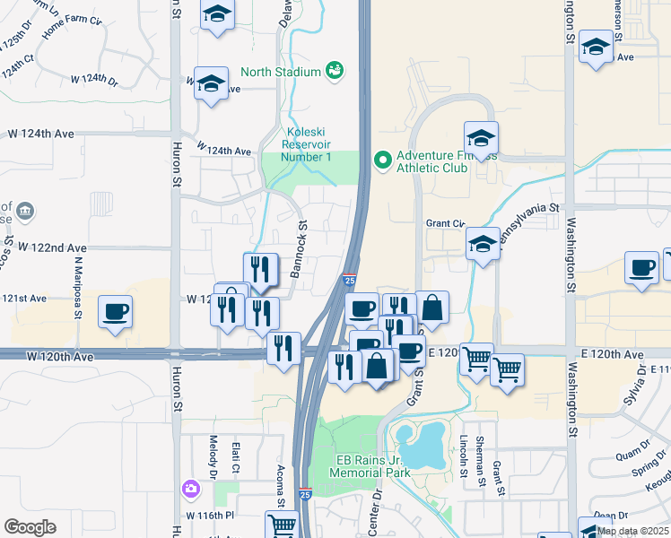 map of restaurants, bars, coffee shops, grocery stores, and more near 12162 Bannock Circle in Denver