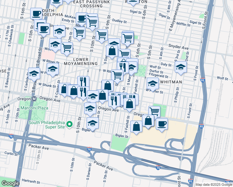 map of restaurants, bars, coffee shops, grocery stores, and more near 2541 South Beulah Street in Philadelphia