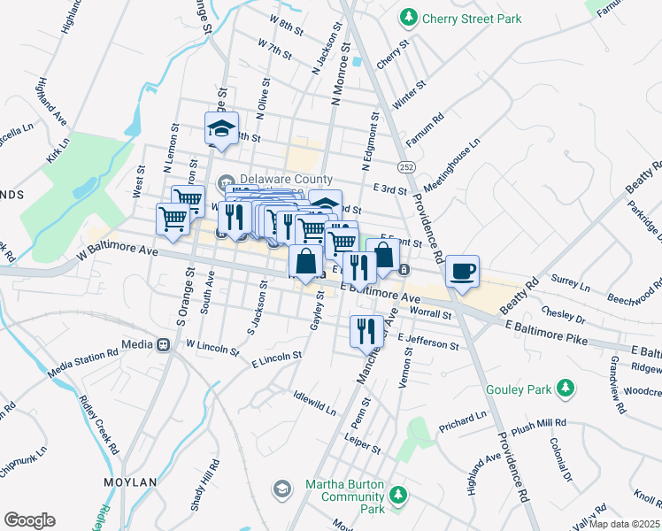map of restaurants, bars, coffee shops, grocery stores, and more near 111 Gayley Street in Media