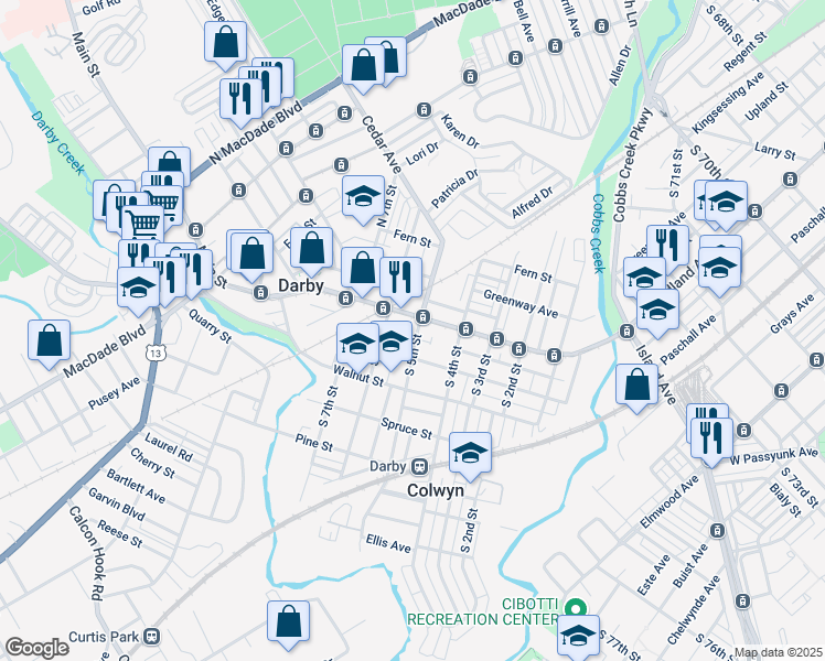 map of restaurants, bars, coffee shops, grocery stores, and more near 8 South 5th Street in Darby