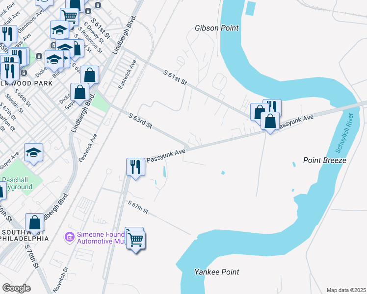 map of restaurants, bars, coffee shops, grocery stores, and more near 6301 Passyunk Ave in Philadelphia