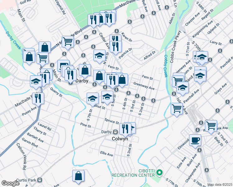 map of restaurants, bars, coffee shops, grocery stores, and more near 28 South 5th Street in Darby