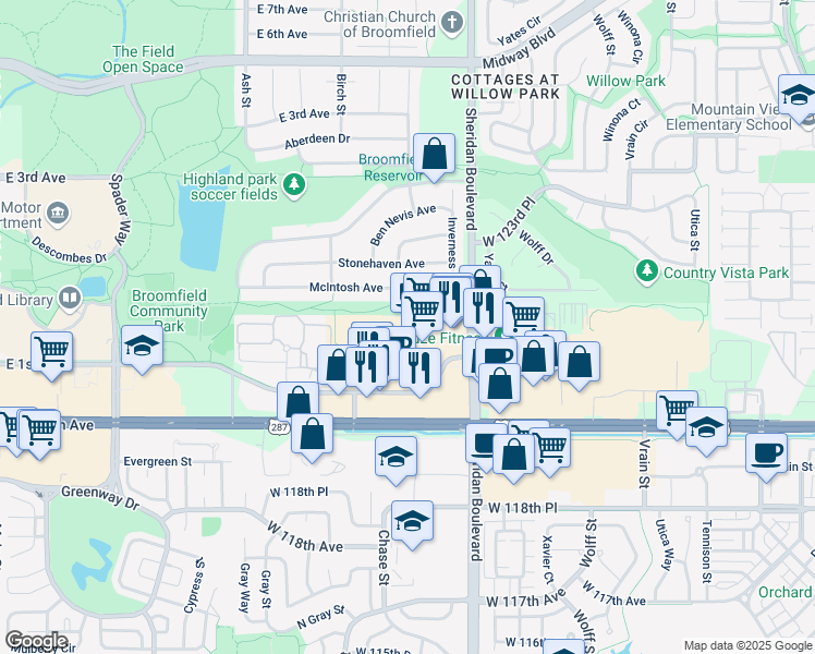 map of restaurants, bars, coffee shops, grocery stores, and more near 12167 Sheridan Boulevard in Broomfield
