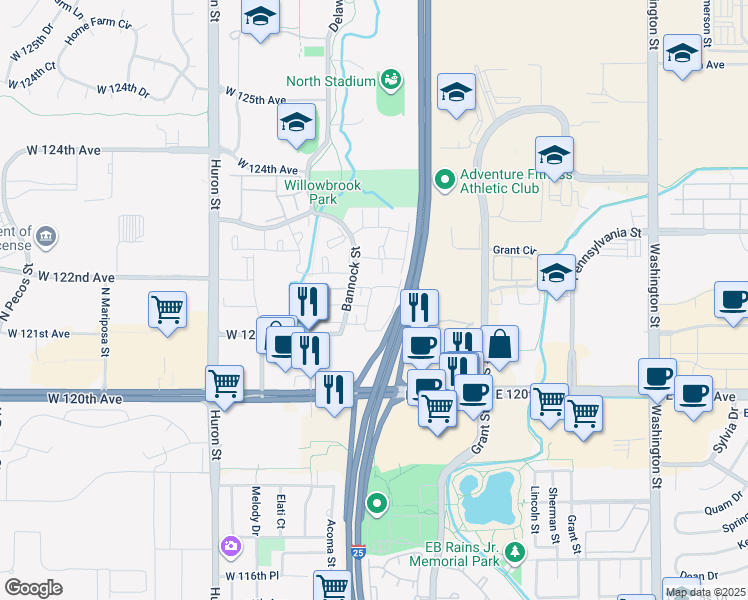 map of restaurants, bars, coffee shops, grocery stores, and more near 12162 Bannock Circle in Denver
