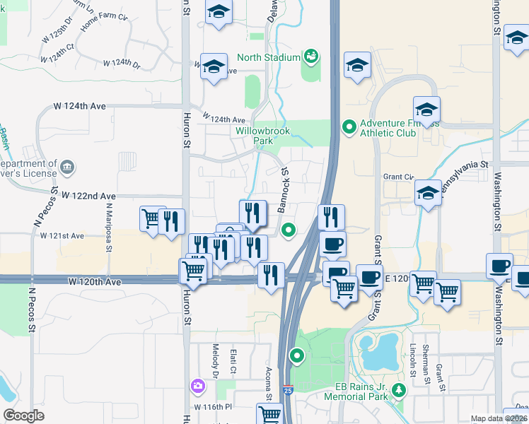 map of restaurants, bars, coffee shops, grocery stores, and more near 12125 Bannock Street in Westminster