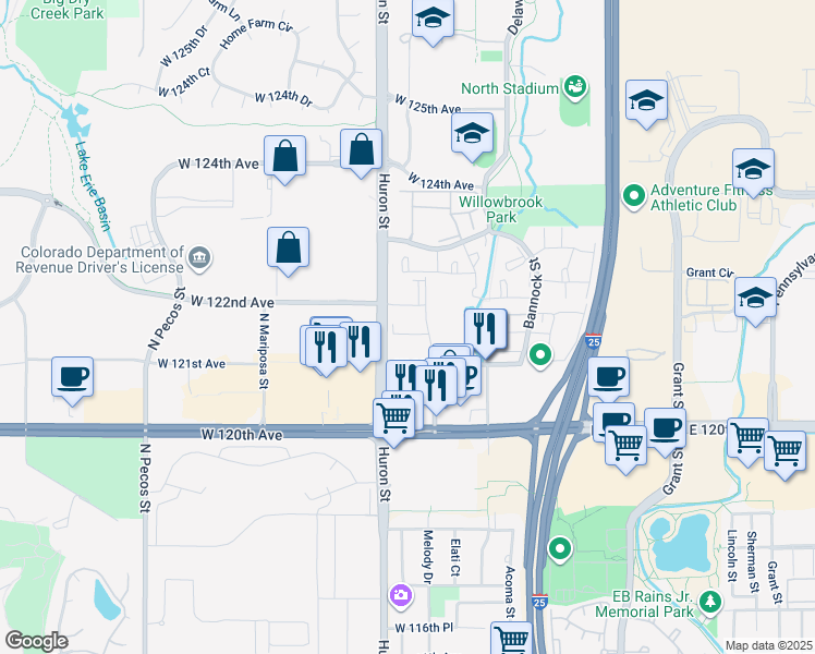 map of restaurants, bars, coffee shops, grocery stores, and more near 12121 Melody Drive in Westminster