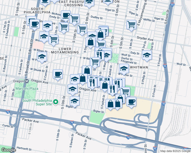 map of restaurants, bars, coffee shops, grocery stores, and more near 2601 South Sheridan Street in Philadelphia