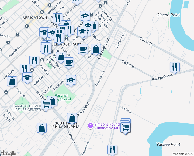 map of restaurants, bars, coffee shops, grocery stores, and more near 510 Eastwick Avenue in Philadelphia