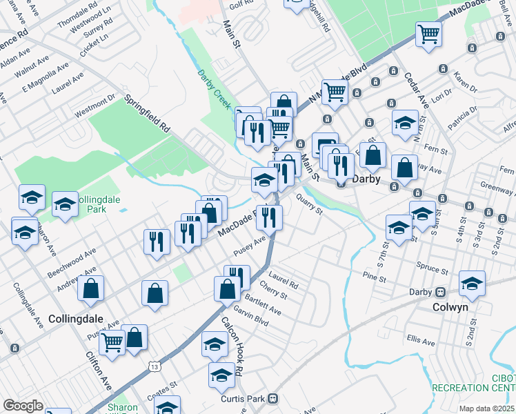 map of restaurants, bars, coffee shops, grocery stores, and more near 125 Pine Street in Collingdale