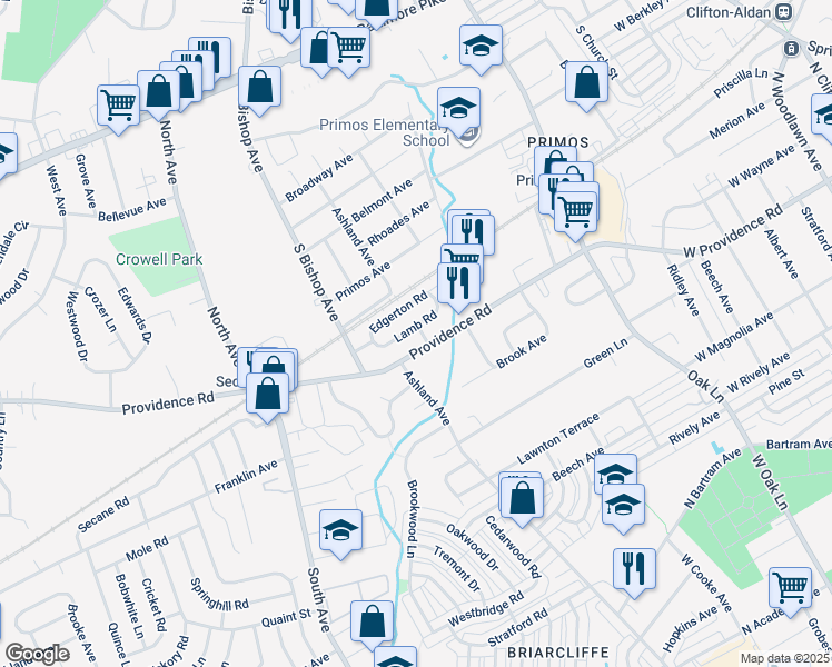 map of restaurants, bars, coffee shops, grocery stores, and more near 1016 Lamb Road in Delaware County