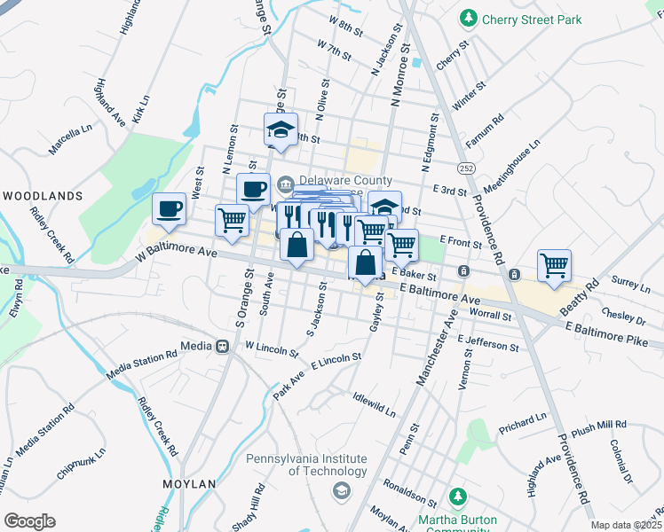 map of restaurants, bars, coffee shops, grocery stores, and more near 2 West Baltimore Avenue in Media