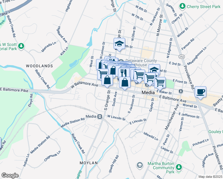 map of restaurants, bars, coffee shops, grocery stores, and more near 311 South Orange Street in Media