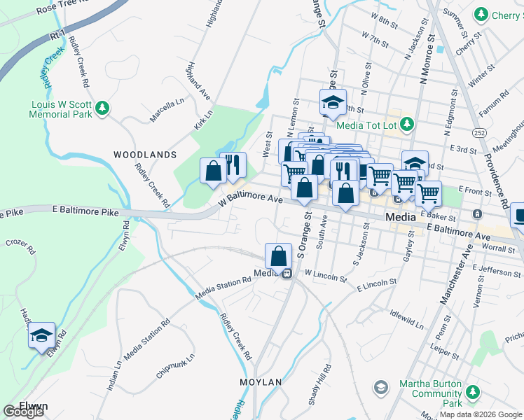 map of restaurants, bars, coffee shops, grocery stores, and more near 408 West Jefferson Street in Media