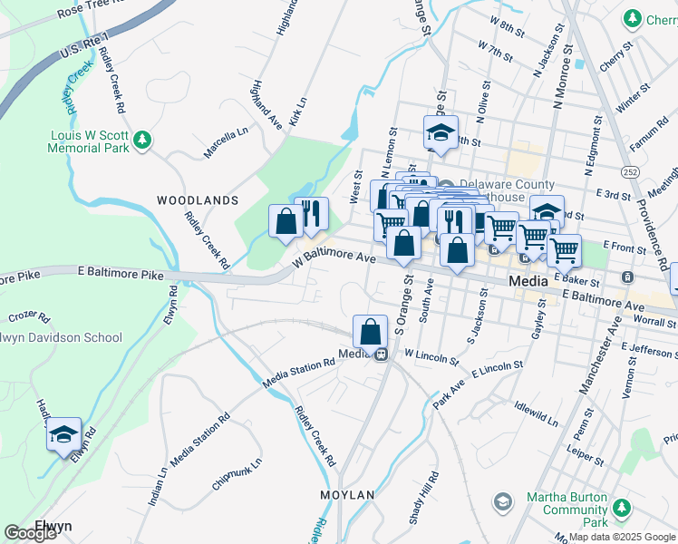map of restaurants, bars, coffee shops, grocery stores, and more near 408 West Jefferson Street in Media