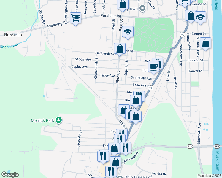 map of restaurants, bars, coffee shops, grocery stores, and more near 920 Merrick Avenue in Zanesville