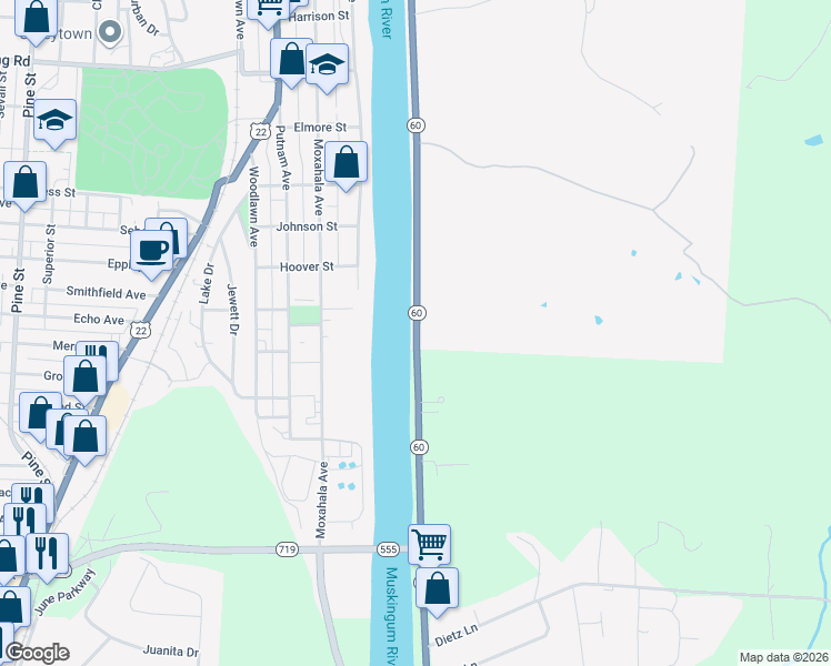 map of restaurants, bars, coffee shops, grocery stores, and more near 1292 Wayne Ave in Zanesville