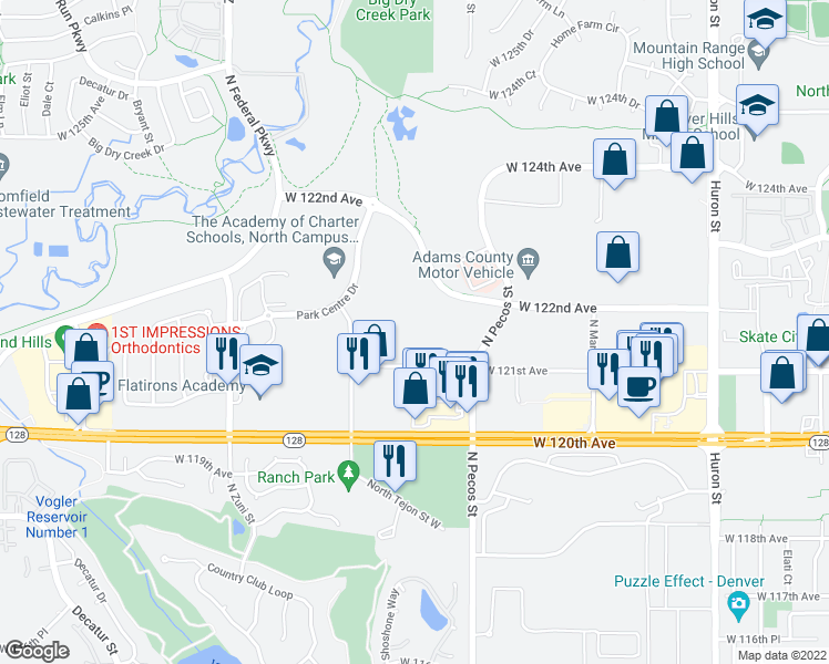 map of restaurants, bars, coffee shops, grocery stores, and more near 1765 West 121st Avenue in Westminster