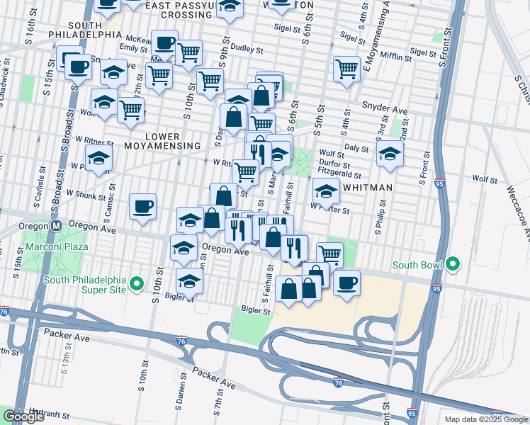 map of restaurants, bars, coffee shops, grocery stores, and more near 2530 South Marshall Street in Philadelphia