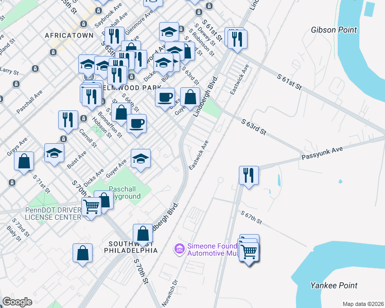 map of restaurants, bars, coffee shops, grocery stores, and more near 510 Eastwick Avenue in Philadelphia