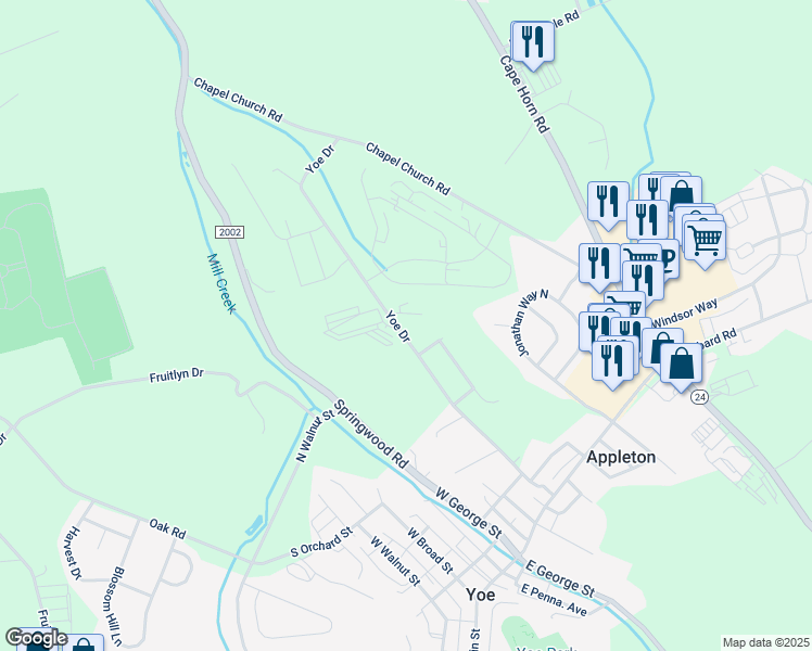map of restaurants, bars, coffee shops, grocery stores, and more near 109 Yoe Drive in Red Lion